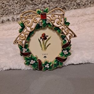 Elegant Gold Red & Green Wreath Bow Metal Picture Frame